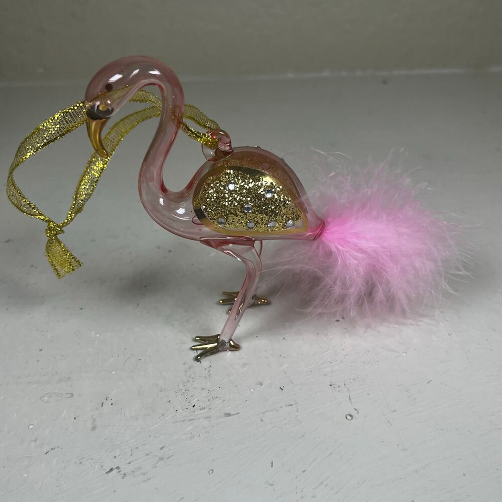 Art Glass Pink Flamingo Ornament Hallmark 4" Feathers Gold 2018